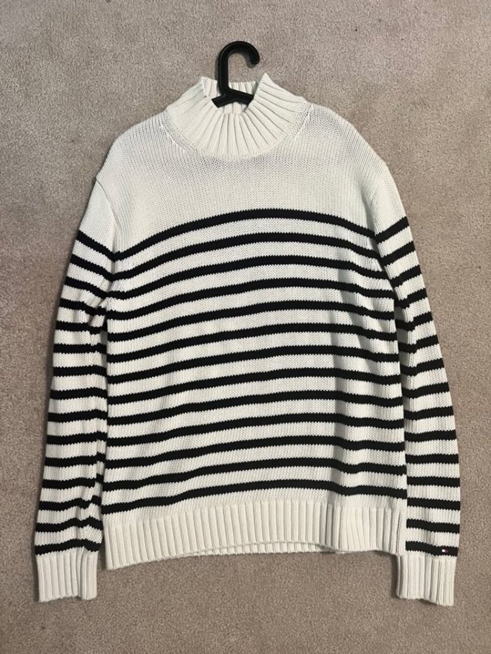 Tommy Hilfiger Men's L Relaxed Breton Stripe Mockneck Sweater Ivory Navy Cotton